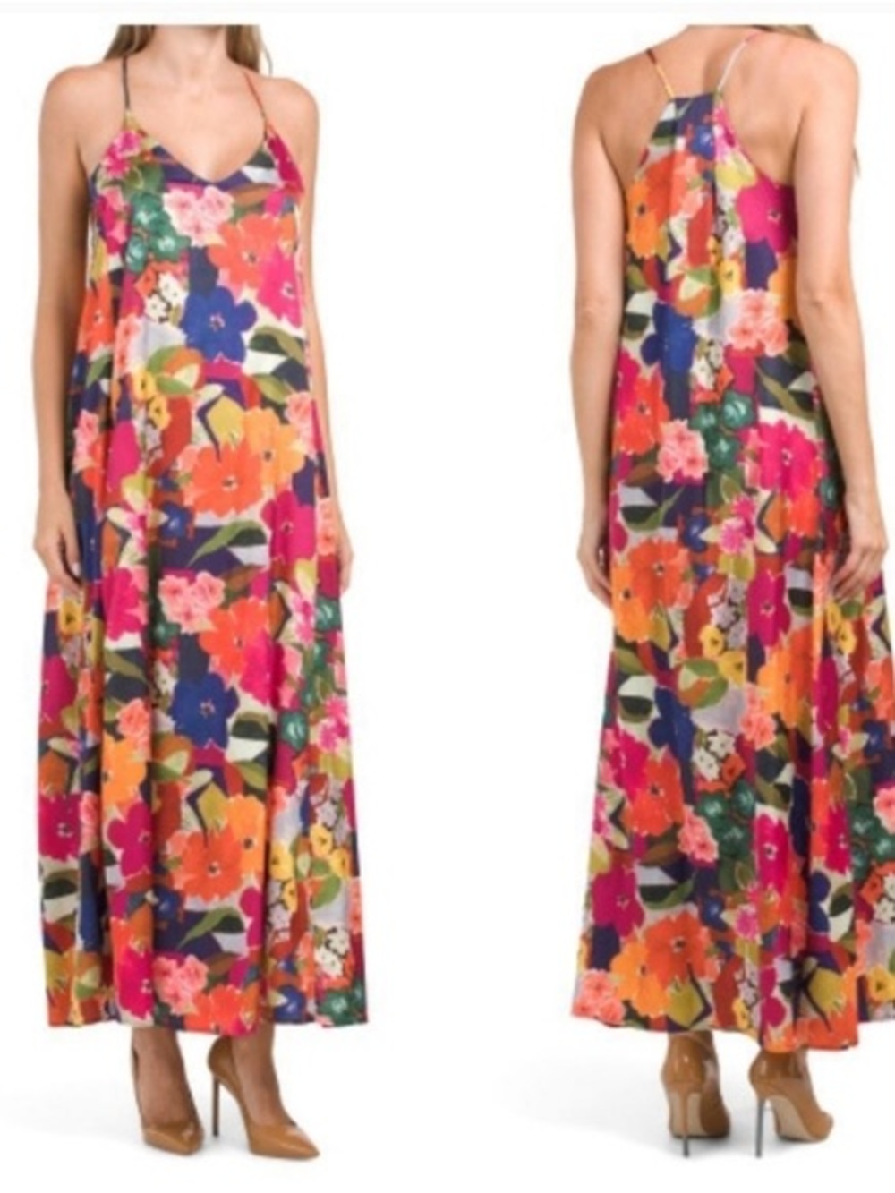 NICOLE MILLER Sleeveless Floral Print Satin Maxi Dress Sz L